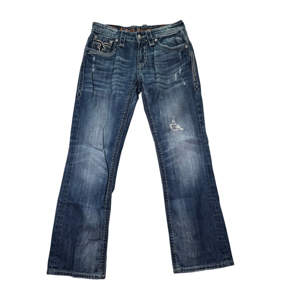 Rock Revival Troy Relaxed Straight Jeans Mens 32x32 Distressed Denim Workwear - Picture 1 of 15